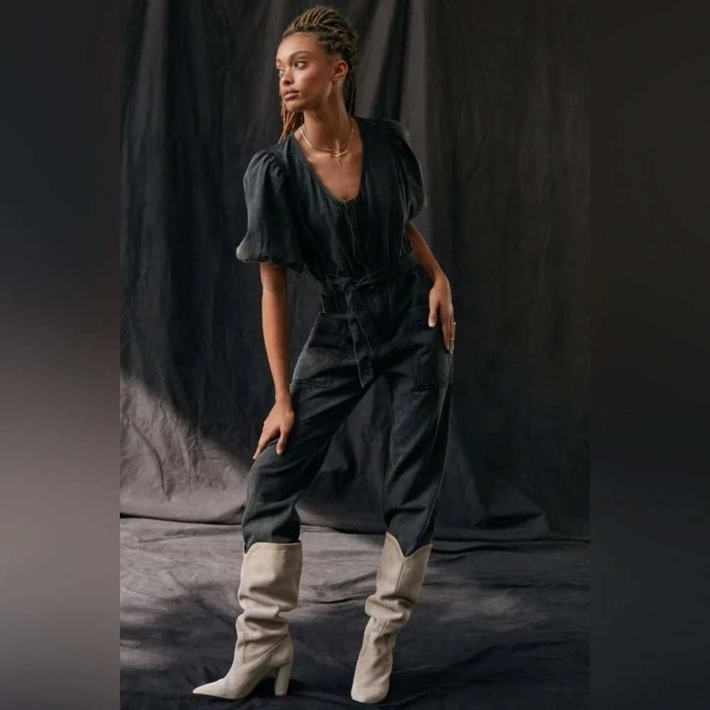 Othilia Anthropologie Tundra Denim Jumpsuit Black Carbon Puff Sleeve Large L NWT